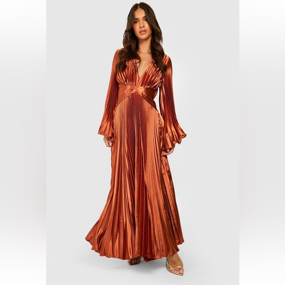 Satin pleated dress puff sleeve